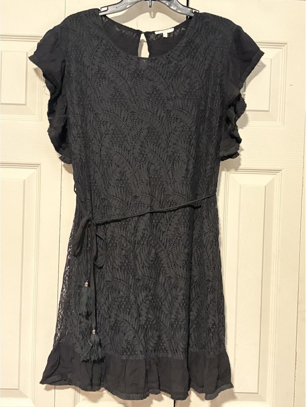 Black Lace Flutter Sleeve Tassel Tie Dress | Boho Chic Romantic Mini Dress